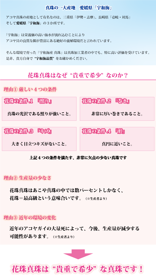 真珠の一大産地、愛媛県宇和海。アコヤ真珠の産地として有名なのは、三重県の伊勢、志摩。長崎県の壱岐、対馬。そして愛媛県の宇和海。この3か所です。宇和海は、栄養価の高い海水が流れ込むことにより、アコヤ貝の良質な餌が豊富にある絶好の養殖環境だと言われています。そんな環境で育った宇和海産真珠は、真珠加工業者の中でも、特に高い評価を受けています。ぜひ、あなた自身で宇和海品質をお確かめください。花珠真珠はなぜ貴重で希少なのか、その理由は3つあります。1つ目は、花珠真珠と認められる.厳しい4つの条件があるためです。真珠の光沢である照りが強いこと。非常に厚い巻きであること。大きく目立つ傷がないこと。真円に近いこと。これら4つの条件を満たす非常に欠点の少ない真珠が花珠真珠と呼ばれます。2つめの理由は、生産量の少なさです。花珠真珠はあこや真珠の中では数パーセントしなかなく、花珠真珠=最高級という意味合いです(生産者の言葉)。3つめの理由は、近年の環境の変化です。近年、アコヤガイの大量死によって、今後生産量が減少する可能性があるためです(生産者の言葉)。このような3つの理由から、花珠真珠は貴重で希少な真珠と言われています。